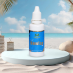 A small blue bottle labeled 6 with a dropper cap is showcased on a white platform, set against a beach backdrop with ocean waves, a clear blue sky, and swaying palm leaves, offering natural relief.