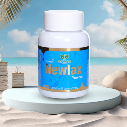 A bottle of 7 powder stands on a round platform against a tropical beach backdrop featuring palm trees, golden sand, and a blue sky. The label indicates it effectively treats all types of piles, including bleeding.
