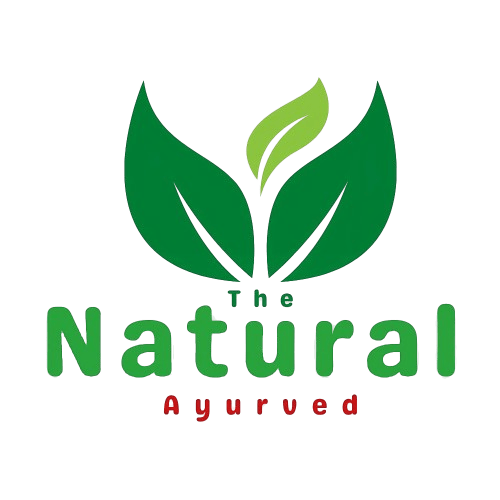 The logo for The Natural Ayurved displays two green leaves with a small sprout between them, and below, the product name is written in green and red.