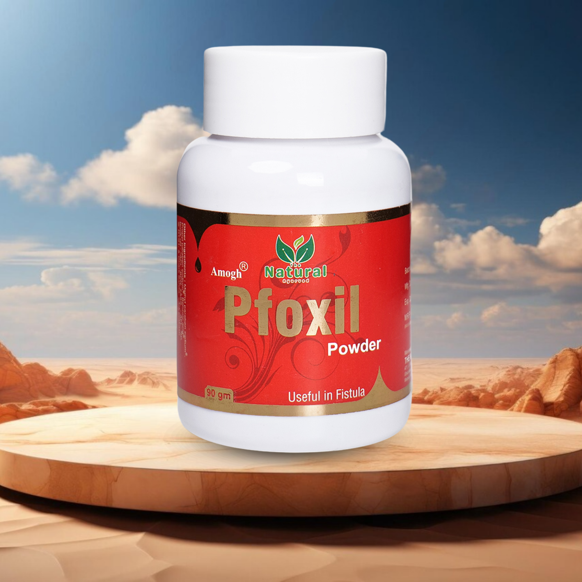 A white bottle with a red and white label named Product 4 is displayed on a wooden platform against a desert landscape, advertised for easing Fistula Pain. A white bottle with a red and white label named Product 4 is displayed on a wooden platform against a desert landscape, advertised for easing Fistula Pain.