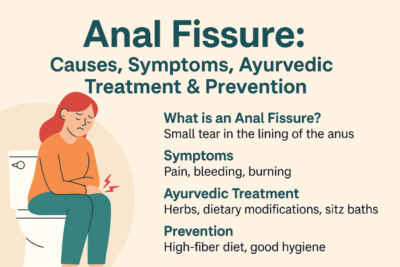 Woman suffering from anal fissure pain on toilet with illustrated symptoms and Ayurvedic treatment tips.