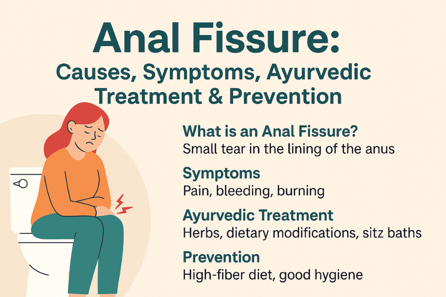 Woman suffering from anal fissure pain on toilet with illustrated symptoms and Ayurvedic treatment tips.